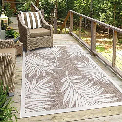 carpet city Outdoor-Teppich Wetterfest Balkon Terrassen - Beige in 140x200 cm - Deko Teppiche Außen Wasserfest - Balkondekoration Florale-Optik Wohnzimmerteppiche