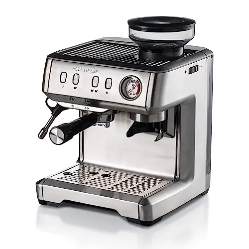 Ariete 1313 - Kaffeemaschine mit Manometer und integrierter Kaffeemühle, 15 Bar für perfekten Espresso und cremigen Cappuccino, 1600W, Silber