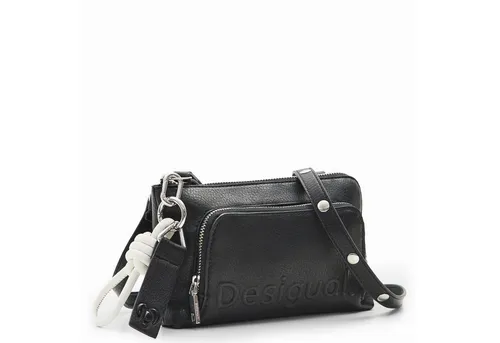 Desigual Mini Tasche Half Logo 24 Lisa Black - Stylische Handtasche mit verstellbarem Schultergurt, ideal für den Alltag. Mit praktischem Reißverschlussfach und Platz für Karten, Scheine und Münzen.