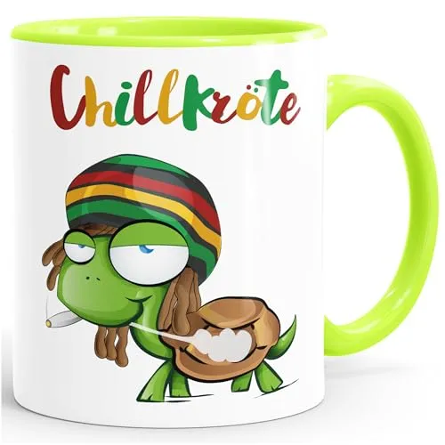 MoonWorks® Kaffee-Tasse Chillkröte Schildkröte Rastafrisur Joint Comic Stil Kaffeetasse Fun-Tasse Hellgruen Keramik-Tasse