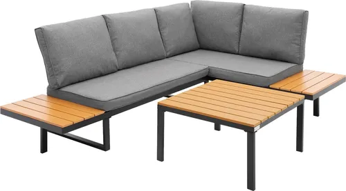 ML-Design Gartenmöbel Set 3 tlg - Komfortable Ecksofa-Lounge mit Couchtisch in Grau-Holzoptik - Entspanne stilvoll im Freien mit diesem modularen Gartenmöbel-Set. Die bequemen Kissen und die integrierten Ablageflächen bieten Funktionalität und Komfort für jede Terrasse oder jeden Balkon.
