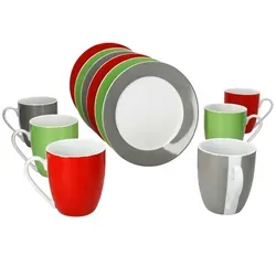 12tlg Frühstücksset VARIANT TRIO für 6 Personen aus Porzellan - Services - Farbiges und robustes Frühstücksset in Rot, Grau & Grün, spülmaschinen- und mikrowellengeeignet, ideal für lebendige Frühstücksmomente.