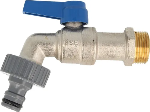 Kugelauslaufventil 3/4 Zoll mit passender Steckkupplung und Teflonband, matt verchromt, Griff blau