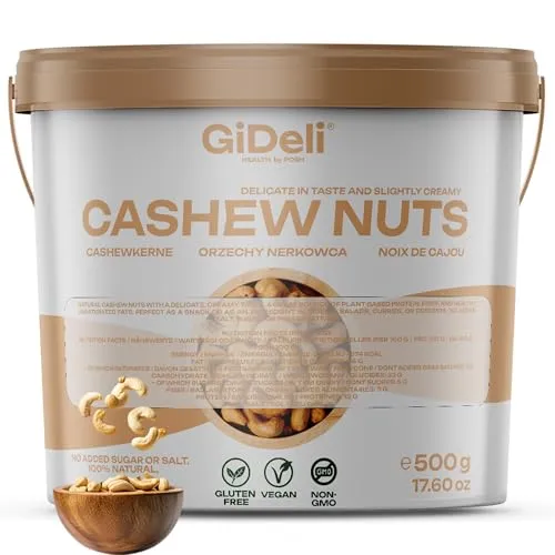 GiDeli Cashewkerne Ganze ungesalzen im Eimer reich an proteinen | vitaminen & mineralstoffen naturbelassen ohne zusatzstoffe, vegan 500g