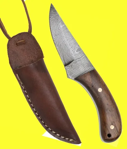 HA Minimesser mit Lederscheide - Damastmesser aus Wurzelholz - Taschenmesser mit Damaszener Stahlklinge und eleganter Messertasche. Ideal für Outdoor-Aktivitäten oder als stilvolles Geschenk.