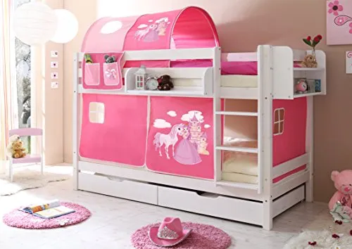 TiCAA Etagenbett für Kinder, 90 x 200 cm - Massives Kiefernholz, hochwertige Verarbeitung mit wahlweise montierbarer Leiter und Fallschutz – ideal für kleine Räume.