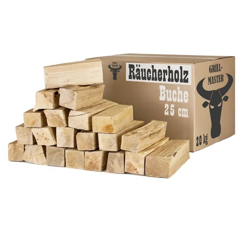 Grillmaster Kaminholz Räucherholz 20 kg - Buchenholz ohne Rinde für Smoker - Brennstoffe: 100% Buche, luftkammergetrocknet, ideal für aromatisches Räuchern. Sofort einsatzbereit, ohne Rinde und aus regionalen Wäldern in Hessen.