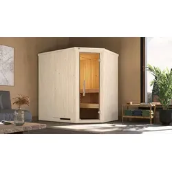 Weka Elementsauna Varberg Trend 1 Weiß Sparset 4,5 kW OS Glastür - Massivholzsauna mit elegantem Design, einfacher Montage und optimaler Raumnutzung. Genießen Sie finnisches Saunieren bis 110°C mit hochwertigem Fichtenholz und sicherer Ganzglastür.