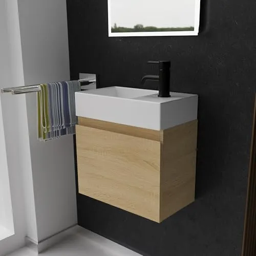 Alpenberger Gäste WC Waschbecken mit Unterschrank 45 cm Breit | Waschtisch Set Klein | Aufsatzwaschbecken Waschtischunterschrank Hängend | Hängeschrank | Waschbeckenunterschrank Eiche Hell