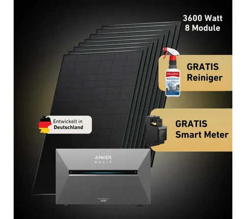 Balkonstrom Balkonkraftwerk 3600W mit Speicher, Anker 3 Pro - Komplettset - Balkonkraftwerk mit 3600 W und Anker SOLIX Solarbank 3 E2700 Pro. Bifaziale Solarmodule für bis zu 30 % Mehrertrag, integrierter Wechselrichter und smarte Energiesteuerung per App.