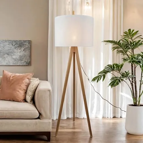 Licht-Erlebnisse Stehleuchte Stoff Holz 145 cm - Skandinavisches Design für Ihr Wohnzimmer - Standleuchte aus Metall, Holz und Stoff mit blendarmem Licht und praktischem Kabelschalter. Ideal für gemütliche Abende, passt perfekt neben das Sofa und ermöglicht freie Leuchtmittelwahl.