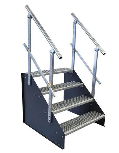 SRM Design Außentreppe 4 Stufen mit Geländer – anthrazit - Freistehende 4-Stufen Stahltreppe in anthrazit, ideal für Garten, Wohnwagen oder gewerblichen Einsatz. Mit beidseitigem Geländer und einfacher Montage. Perfekt geschützt vor Korrosion.