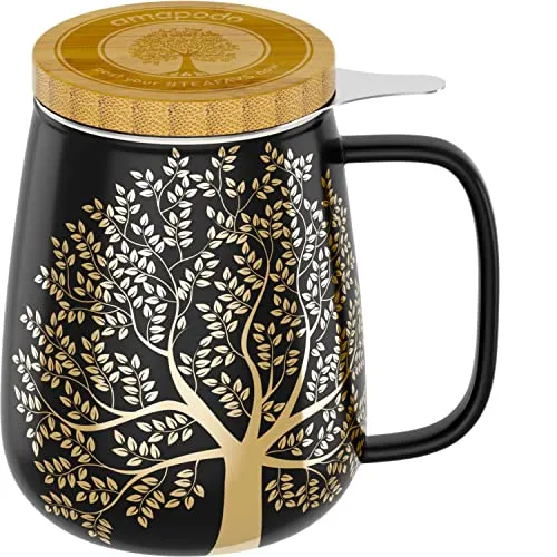 amapodo Teetasse mit Deckel und Sieb - 600ml Porzellan Jumbotasse - Elegante große Teetasse aus hochwertigem Porzellan mit ergonomischem Griff und Bambusdeckel für langanhaltende Wärme. Ideal für Teeliebhaber, die ein volles Aroma ohne Teekrümel genießen möchten.