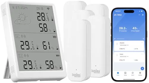 Luminea Home Control Datenlogger: WLAN-Temperatur- & Luftfeuchtigkeits-Set mit Display, 5 Sensoren (Thermometer Hygrometer Uhr, Thermometer innen außen Digital, WC)