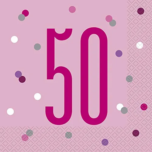 Papierservietten - Zahl 50 - 16,5 cm - Glitzer Rosa & Silber Geburtstag - 16er-Packung