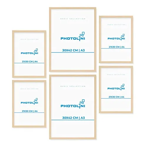 PHOTOLINI Bilderrahmen Set verschiedene Größen, 6 Bilderrahmen Holz MDF Natur, Bilder Rahmen mit Acrylglas, No.7 Bilderrahmenset zum Aufhängen, Fotorahmen Set mit Zubehör für Fotos & Poster