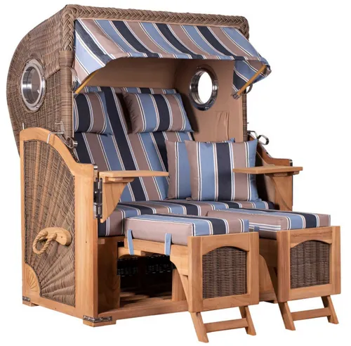 MR.DEKO Strandkorb Düne Bullauge Teak PE Grey - Strandkorb aus hochwertigem Teak und robustem PE-Geflecht, ideal für entspannte Stunden zu zweit. Mit ausziehbaren Fußstützen und luxuriöser Polsterung für maximalen Komfort im Freien.