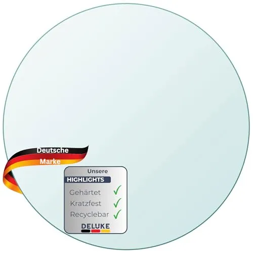 DELUKE® Tischplatte rund Ø 50 cm - Hochwertige Glasplatte für stilvolle DIY-Projekte - Esszimmertische – Robuste, gehärtete Glasplatte, ideal als Ersatz für Tische oder als schützende Kaminplatte.