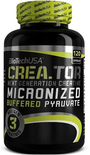 BioTech CreaTor 120 Kapseln - Praktisches Nahrungsergänzungsmittel für aktive Lebensstile, unterstützt intensive Belastungen und enthält Niacin sowie Vitamin B6 für eine ausgewogene Ernährung.