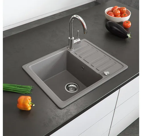 Bergstroem Granitspüle - Rechteckig, 58 x 46 cm mit Trockenplatz - Sanitäranlagen & Zubehör, beidseitig montierbar mit 80% Quarzanteil für höchste Langlebigkeit und modernes Design in Betonoptik.
