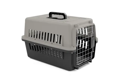 RAMROXX Tiertransportbox Transportbox mit Tür für Hund Katze usw. Grau Schwarz 30x48x31cm
