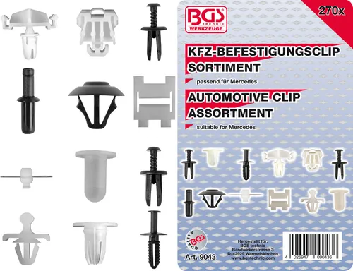 BGS Kfz-Befestigungsclip-Sortiment für Mercedes-Benz 9043, 270-tlg. - Spezialwerkzeug für Mercedes-Benz, umfangreiches Sortiment mit 270 Teilen für professionelle Reparaturen und Wartungen.