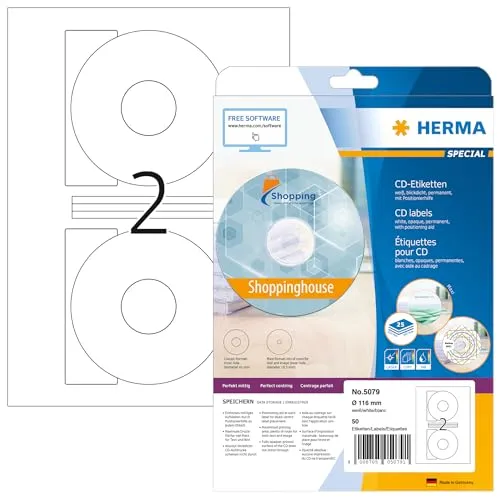 HERMA 5079 CD DVD Etiketten – Selbstklebend und Blickdicht, 800 Blatt - Blickdichte Etiketten für eine optimale Beschriftung von CDs und DVDs. Hochwertiges, mattes Papier mit sicherem Halt, ideal für alle Drucker. Umweltfreundlich mit FSC-Zertifizierung.