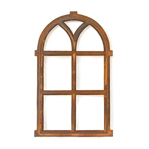 Antikas Eisenfenster mit Rundbogen - 66 x 39 cm - Fliegengitter im Landhausstil, aus robustem Gusseisen gefertigt und mit historischem Charme. Ideal als Garten- oder Garagenfenster, individuell lackierbar.