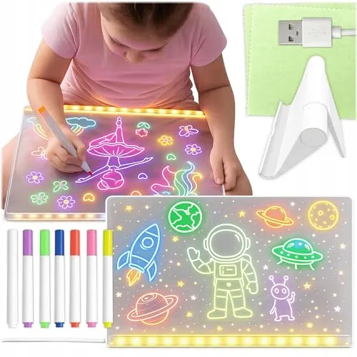 KRUMAD LED Zeichenbrett, Leuchttafel Transparent, Schreibtafel Light Box | mit inkl. 7 Marker und Tuch, Acryl, USB Stromversorgung, Wiederverwendbare, 30 x 20 cm, einfache Reinigung, Kindersicher