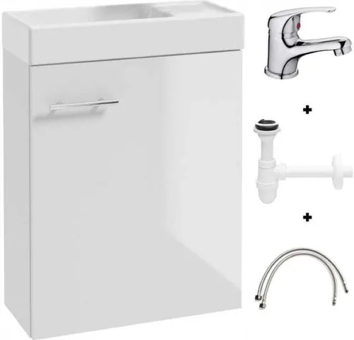 Badezimmerschrank mit Waschbecken 50x70cm mit Wasserhahn und Siphon weiß Small