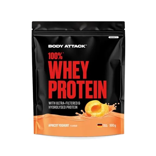 Body Attack 100% Whey Protein - Apricot Yoghurt, 900 g - Molkenproteine, extra cremiges Eiweißpulver mit Hydrolysat & BCAA's für schnellen Muskelaufbau und Regeneration - ideal für Sportler.