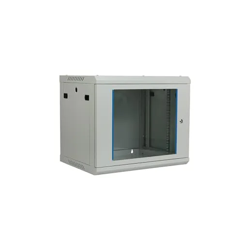 Netzwerkschrank 19 Zoll 9HE I 450 mm Tiefe I Serverschrank Grau I Wandmontage I abschließbare Glastür I voll montiert I 100 kg Traglast I 600×450×503 mm (Grau - 45cm, 9HE)