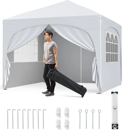 COSTWAY 3x3m Pavillon, Gartenzelt mit 4 abnehmbaren Seitenwänden, Tasche, Heringe, Anker, Windseile & Sandsäcke, Gartenpavillon Festzelt Weiß
