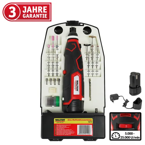 WALTER Li-Ion Akku-Multifunktionswerkzeug 12V - Multifunktionswerkzeug mit 25000 U/min, 6 Stufen und 75-tlg Zubehör-Set, ideal für vielseitige DIY-Projekte und Feinarbeiten, kompakt und leicht für einfache Handhabung.