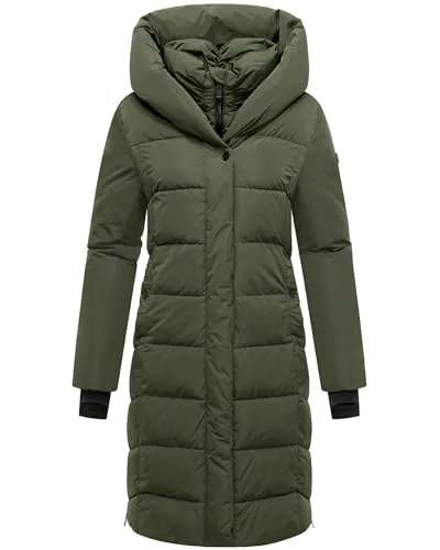 Navahoo Damen Langer Wintermantel warmer Steppmantel mit abnehmbarem Kragen-Einsatz Laubzauber 14 Dark Olive Gr. L