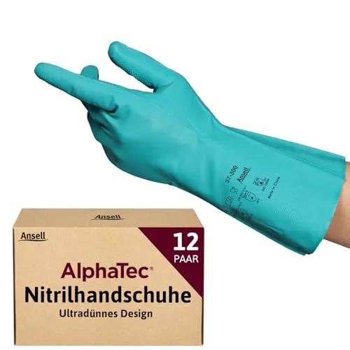 Ansell AlphaTec 37-300 Mehrzweckhandschuhe aus Nitril, Chemikalienschutz, Lebensmittel Geeignet, Wiederverwendbare Nitrilhandschuhe, Hausputz, Haushalt, Kochen, Grün, Größe S (12 Paar)