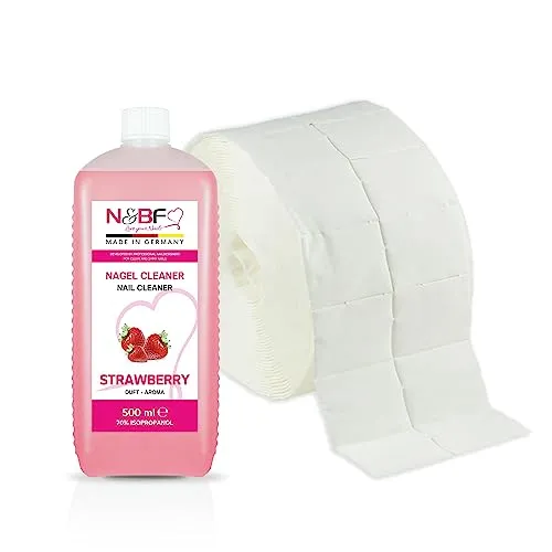 N&BF Nagel Cleaner Set mit Duft 500ml + 1000 Zelletten Cellulose Pads (2 Rollen à 500 Stück) - 70% Isopropanol-Alkohol – für Gelnägel – Nagelreiniger – kosmetisch rein in Studioqualität (Erdbeer)