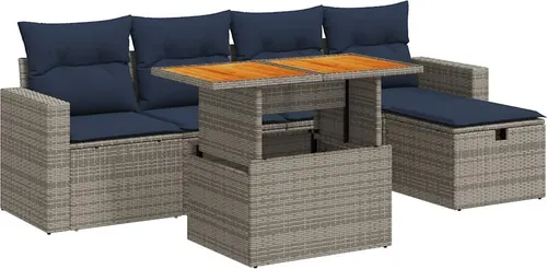 vidaXL 6-tlg. Garten-Sofagarnitur mit Kissen Grau - Gartenmöbel mit flexiblem, modularem Design und Stauraum für Kissen. Langlebiges Poly Rattan sorgt für Pflegeleichtigkeit und Witterungsbeständigkeit.