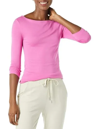 Amazon Essentials Damen Bateau-Ausschnitt T-Shirt mit 3/4-Ärmeln, Schmale Passform, Kräftiges Rosa, XS