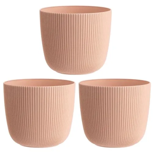 Engelland - 3 x Blumentopf mit Drainagesystem, Apricot/Aprikose, Rillenoptik, Pflanz-Topf, Kübel, modern, widerstandsfähig, rund, wetterfest, Kunststoff, Ø 34 cm, 20 Liter