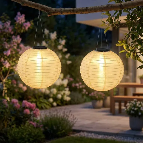 Solarleuchte Lampion Außelampe beige LED für Balkon und Terrasse - Wetterfeste Solar-Pendellampe mit warmweißem Licht, ideal für Außenbereiche. Stilvolle Beleuchtung für Garten und Terrasse mit modernem Design und einfacher Montage.