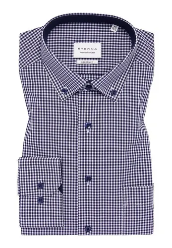 ETERNA Modern Fit Hemd Langarm Karo Navy Größe 44 - Herrenhemden, bügelfrei aus reiner Baumwolle mit Kombimanschetten und modernem Button Down Kragen für einen stilvollen und bequemen Look.
