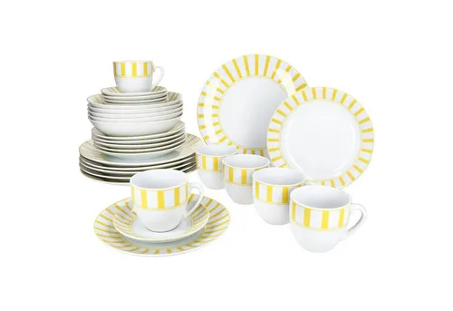 MamboCat Kombiservice Split gelb 30tlg - Kombiservice aus robustem Porzellan mit fröhlichem gestreiften Design. Ideal für jede Mahlzeit, spülmaschinen- und mikrowellengeeignet.
