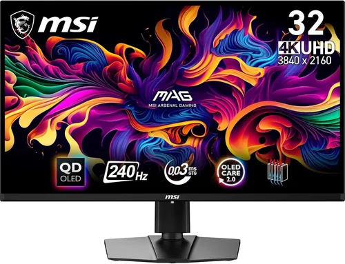 MSI MAG 321UPX QD-OLED 31.5 Zoll 4K UHD Gaming Monitor - Gaming Monitor mit 240Hz und 0,03ms Reaktionszeit für flüssige Spiele; QD-OLED-Panel bietet exzellente Farbgenauigkeit und HDR True Black 400 für beeindruckende Bildqualität.