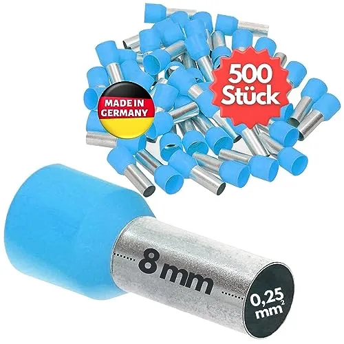 Stück Kalitec AE02508HBL Aderendhülsen isoliert 0,25mm² 8mm lang hellblau I Made in Germany I Industriequalität 500