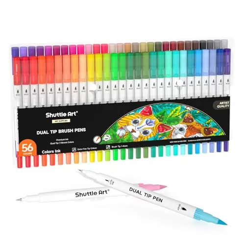Shuttle Art Dual Brush Pen Set, doppelköpfige Pinselstifte mit weicher Spitze, 56 bunte Aquarellstifte mit zwei Arten von Schreibfedern: Fasermaler (1-2mm) und Fineliner(0,4mm)