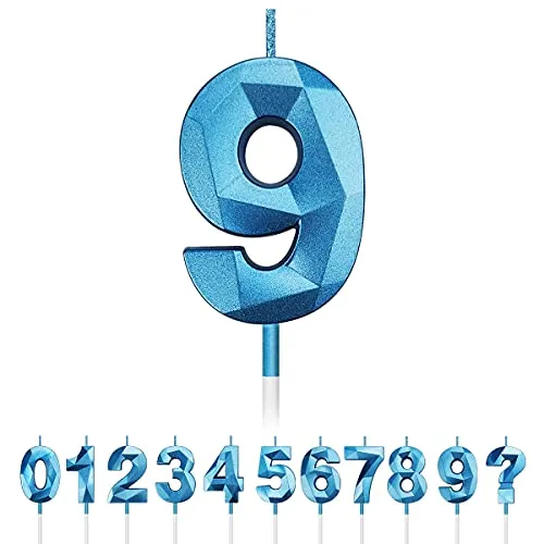 Geburtstag Nummer Kerzen, 3D Diamant Form Kuchen Kerzen Zahl 0 1 2 3 4 5 6 7 8 9 Glitzer Kuchen Topper Dekoration für Hochzeit Geburtstag Jubiläum Feier Abschluss (Blau, 9)
