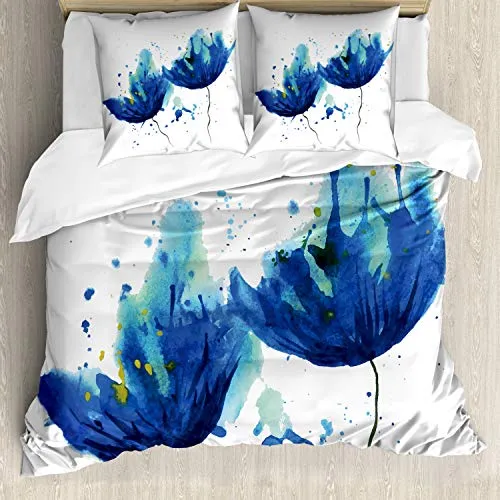 ABAKUHAUS Aquarell Bettwäsche Set für Doppelbetten, Floral Abstrakte Kunst, Weicher Microfaserstoff Allegigeignet kein Verblassen, Hellblau und Blau