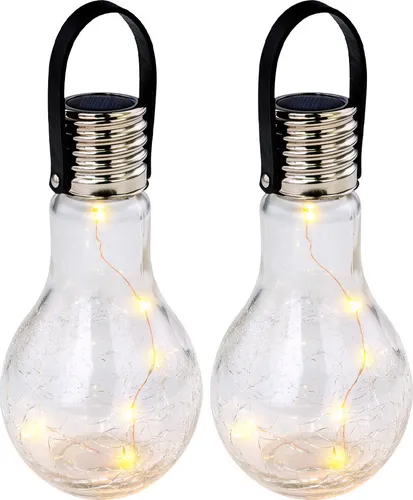 2er Set LED Solarleuchte in Glühbirnen-Form mit Crackle-Glas - Stylische Solarleuchten im Glühbirnen-Design, aus Edelstahl und klarem Glas. Ideal für die Wegbeleuchtung, schaffen sie ein warmes Ambiente und sind bis zu 6 Stunden lang leuchtend.