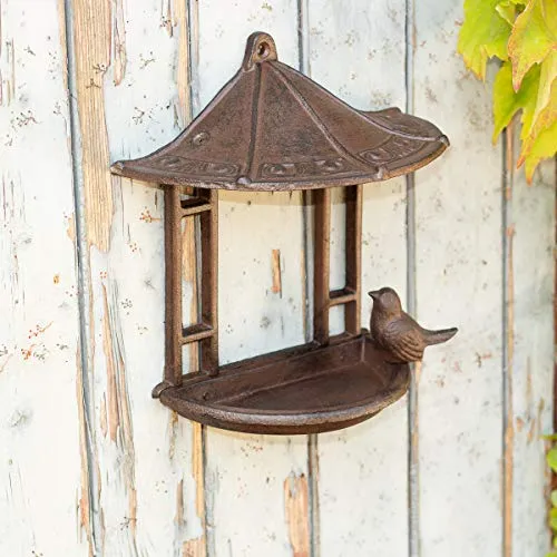 Antikas Futterstation für Vögel - Vogeltränke und Futterpavillon - Futterstationen für Wildvögel: Wunderschöner Gusseisen-Pavillon für Wanddeko, bietet Vögeln ein stilvolles Futter- und Wasserangebot im Garten.